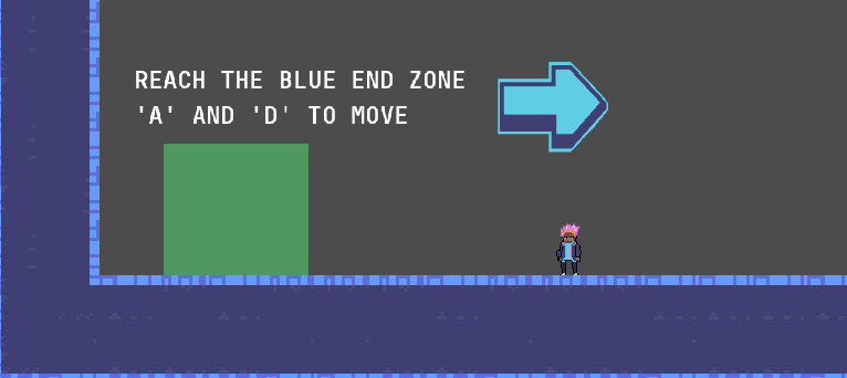 the player character standing underneath a bright blue arrow with a darker blue outline, pointing to the right towards the end zone of the level