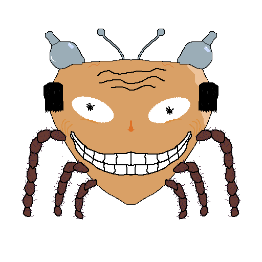 a giant head with spider-like legs, an evil grin, and turrets and antennae protruding from the top